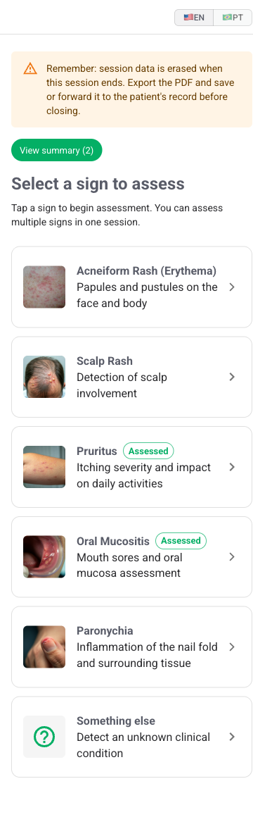 Oncoderm, clinical sign selection screen